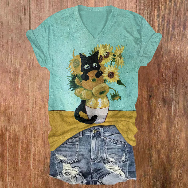 Sunflower And Playful Black Cat Art Print T-shirt - Blue - US32-34(5XL) - image 1