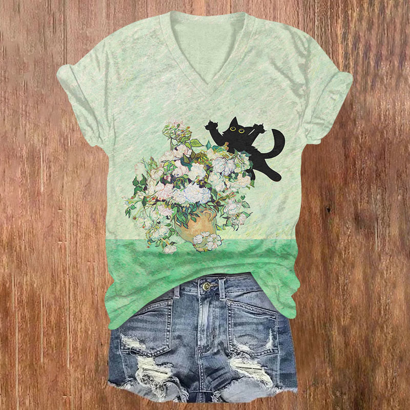  Funny Black Cat And Flowers Oil Painting Print T-shirt - Mint - US32-34(5XL) - image 1