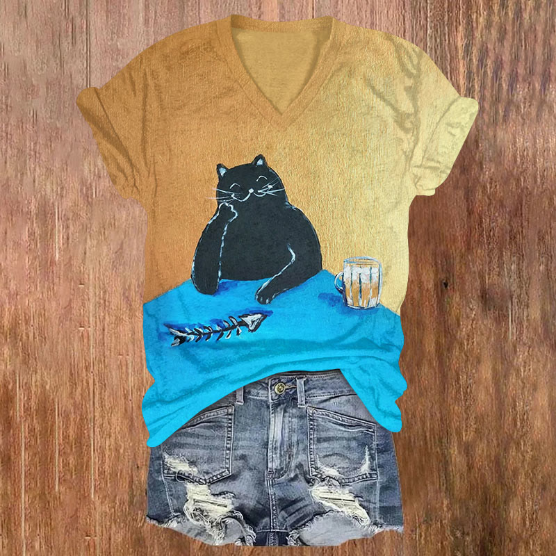 Leisurely Black Cat And Delicious Food Print T-shirt - Yellow - US32-34(5XL) - image 1