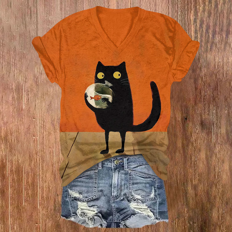 Black Cat Holding A Goldfish Print T-shirt - Orange - US32-34(5XL) - image 1