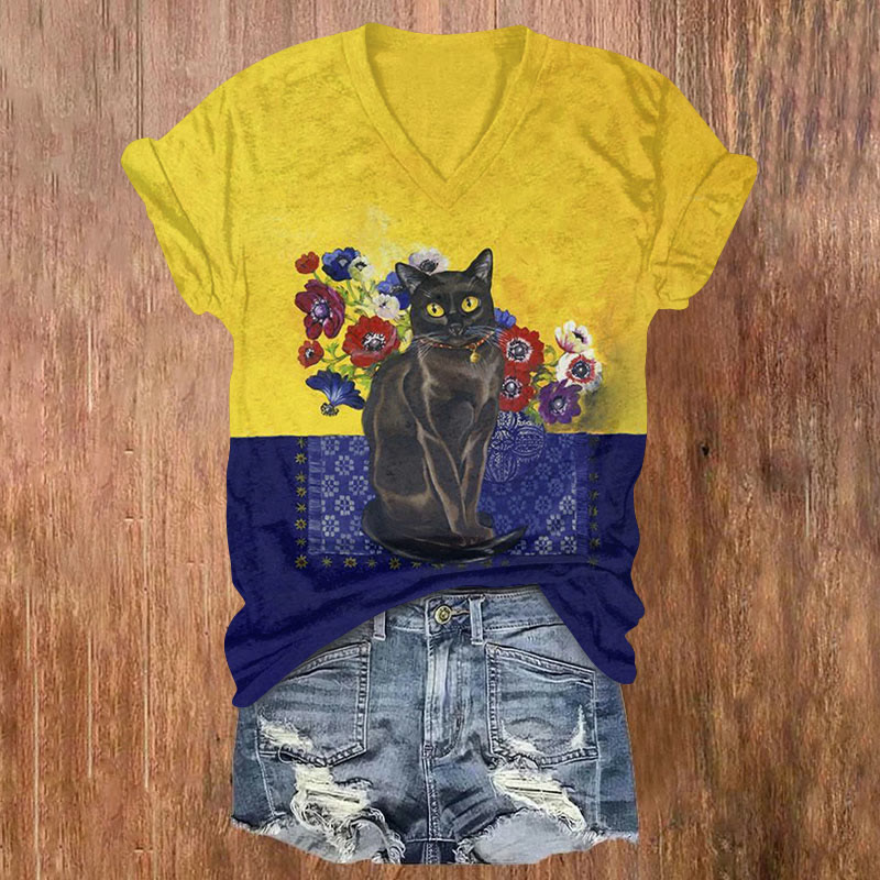 Flowers And Black Cats Print T-shirt - Yellow - US32-34(5XL) - image 1