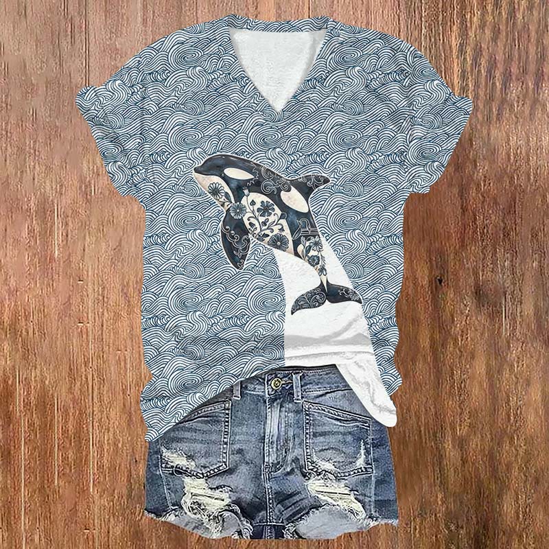 Ocean Waves Flowers Whale Art Print T-shirt - Blue - US32-34(5XL) - image 1