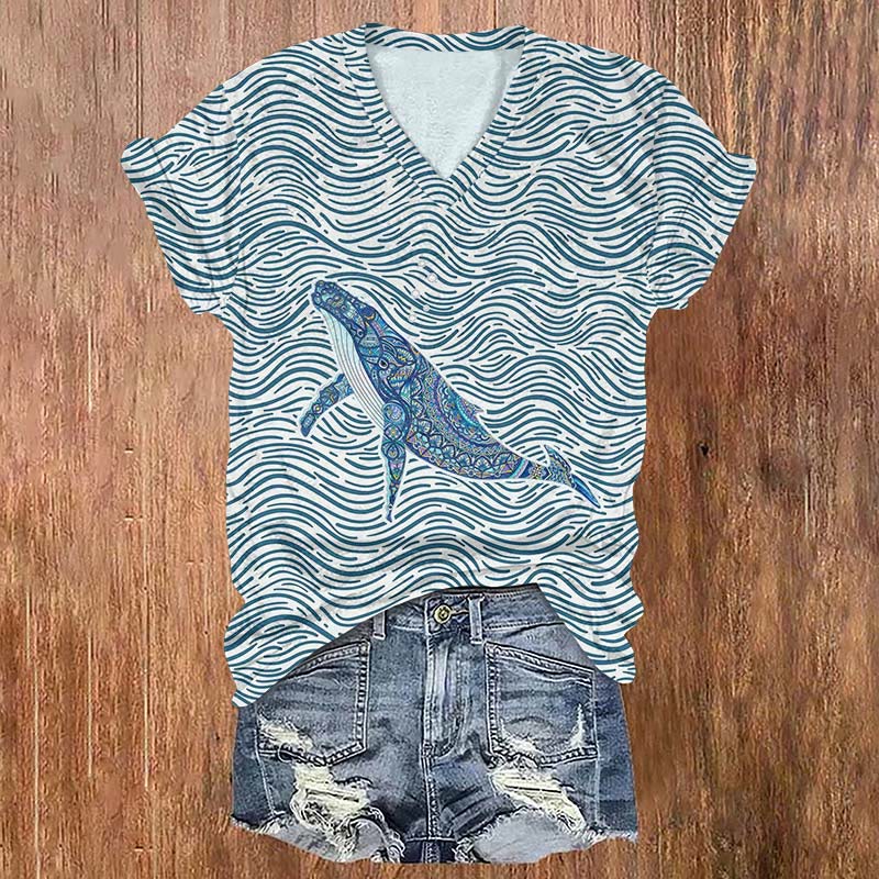 Ocean Waves Ethnic Shark Art Print T-shirt - Blue - US32-34(5XL) - image 1