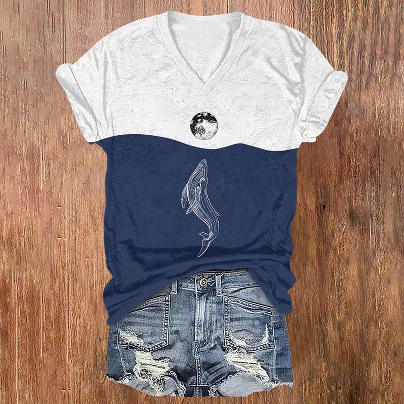 Ocean Moonlight Dream Whale Art Print T-shirt - Blue - US32-34(5XL) - image 1