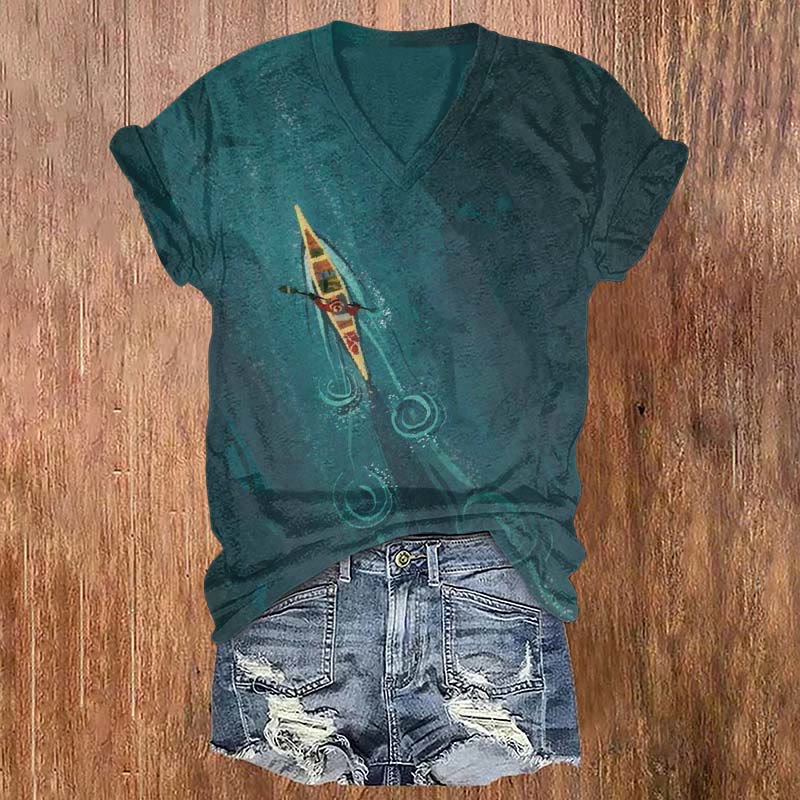 The Unique Art Of Rowing On The Blue Sea Print T-shirt - Dark Green - US32-34(5XL) - image 1