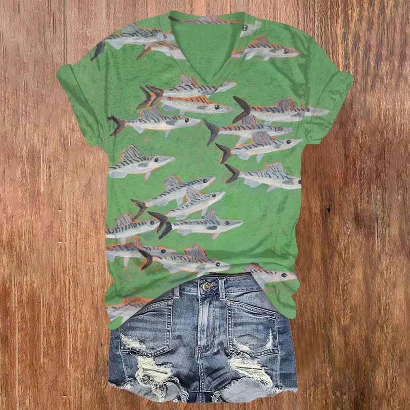 Creative And Simple Flying Fish Art Print T-shirt - Green - US32-34(5XL) - image 1