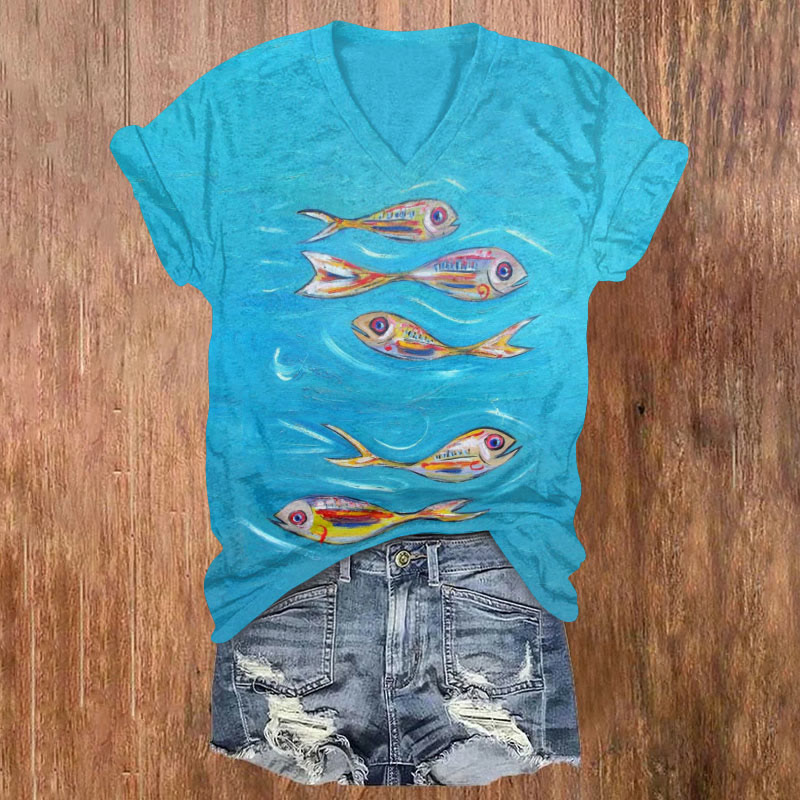 Creative Painted Fish In The Ocean Art Print T-shirt - Sky Blue - US32-34(5XL) - image 1