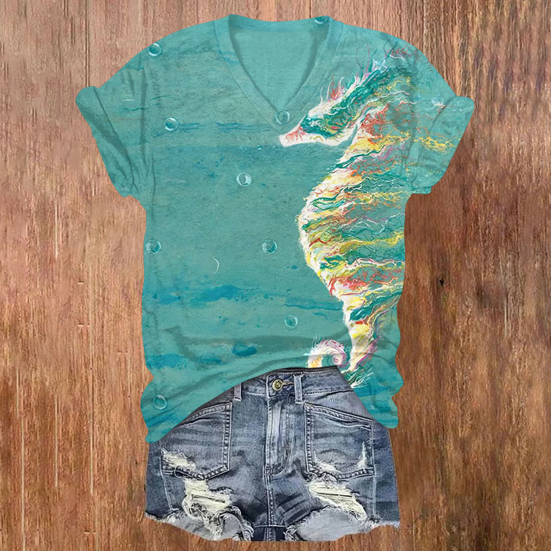 Retro Creative Seahorse Smudge Art Print T-shirt - Green - US32-34(5XL) - image 1