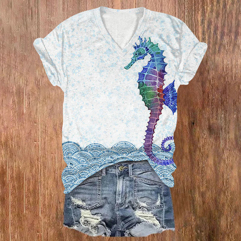 Ocean Painted Seahorse Smudge Art Print T-shirt - White - US32-34(5XL) - image 1