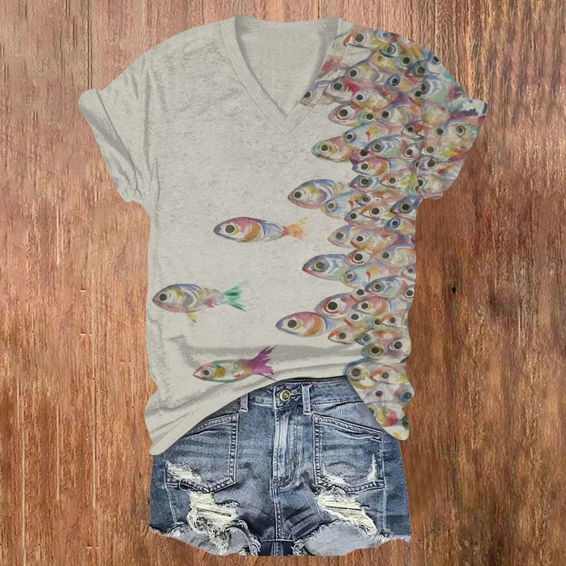 Vintage Painted Asymmetrical Fish School Art Print T-shirt - Khaki - US32-34(5XL) - image 1