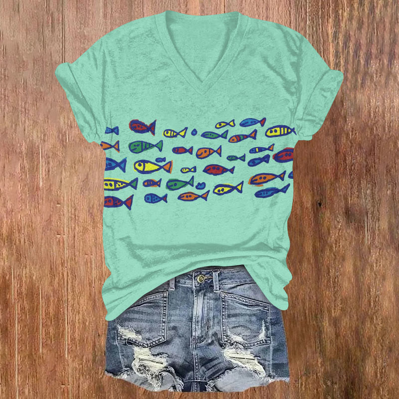 Colorful Hand Drawn Simple Fish In The Ocean Art Print T-shirt - Mint - US32-34(5XL) - image 1