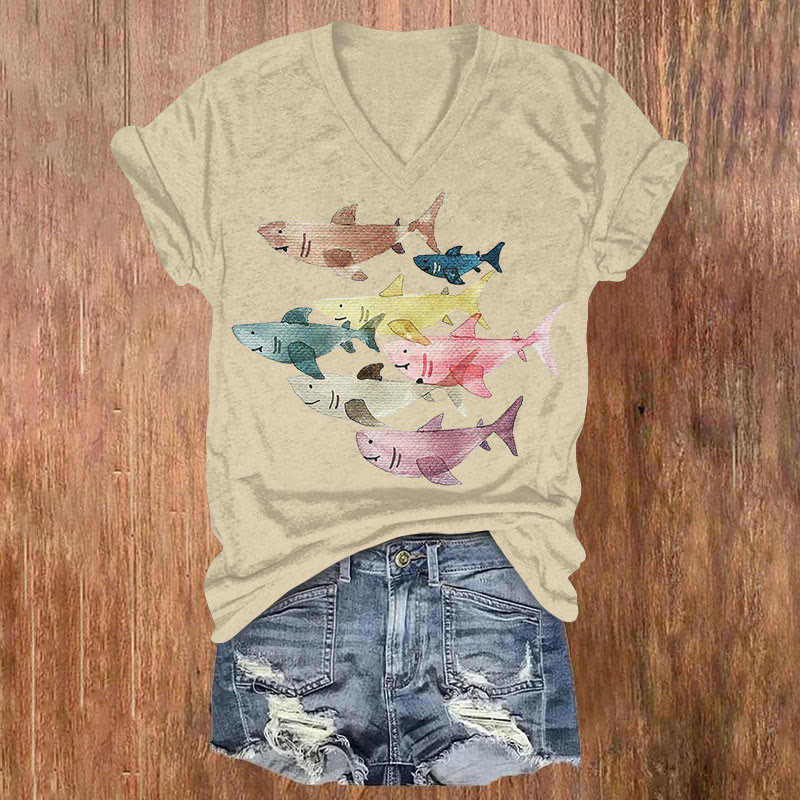 Retro Simple Colorful Fish Print T-shirt - Apricot - US32-34(5XL) - image 1