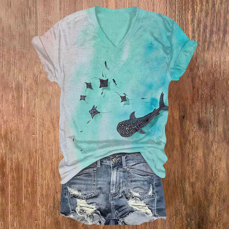 Ocean Whale Shark And Ray Gradient Art Print T-shirt - Blue - US32-34(5XL) - image 1