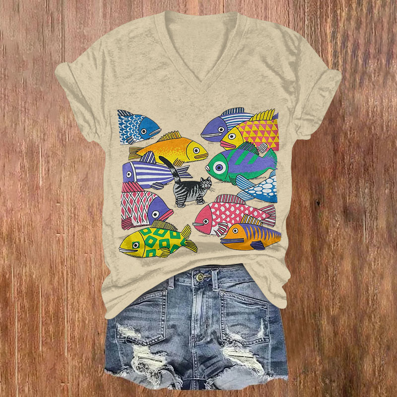 Fun Ocean World Fish Art Print T-shirt - Apricot - US32-34(5XL) - image 1