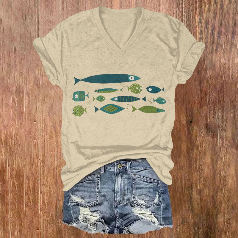 Simple Fish In The Ocean Art Print T-shirt - Apricot - US32-34(5XL) - image 1