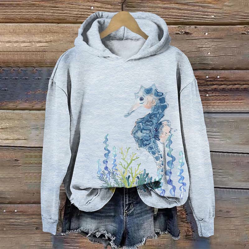 Lovely Seahorse & Sea Plants Print Long Sleeve Hoodie - Light Blue - US44-46(8XL) - image 1