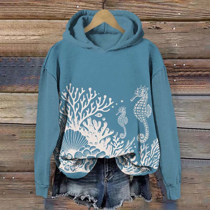 Seahorse & Shells & Coral Art Print Long Sleeve Hoodie - Blue - US44-46(8XL) - image 1