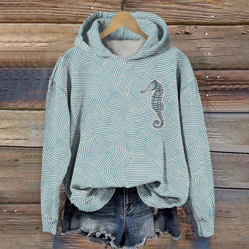 Abstract Wavy Curve Seahorse Art Print Long Sleeve Hoodie - Blue - US44-46(8XL) - image 1