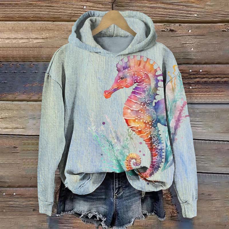 Vintage Striped Colorful Seahorse Print Long Sleeve Hoodie - Blue - US44-46(8XL) - image 1