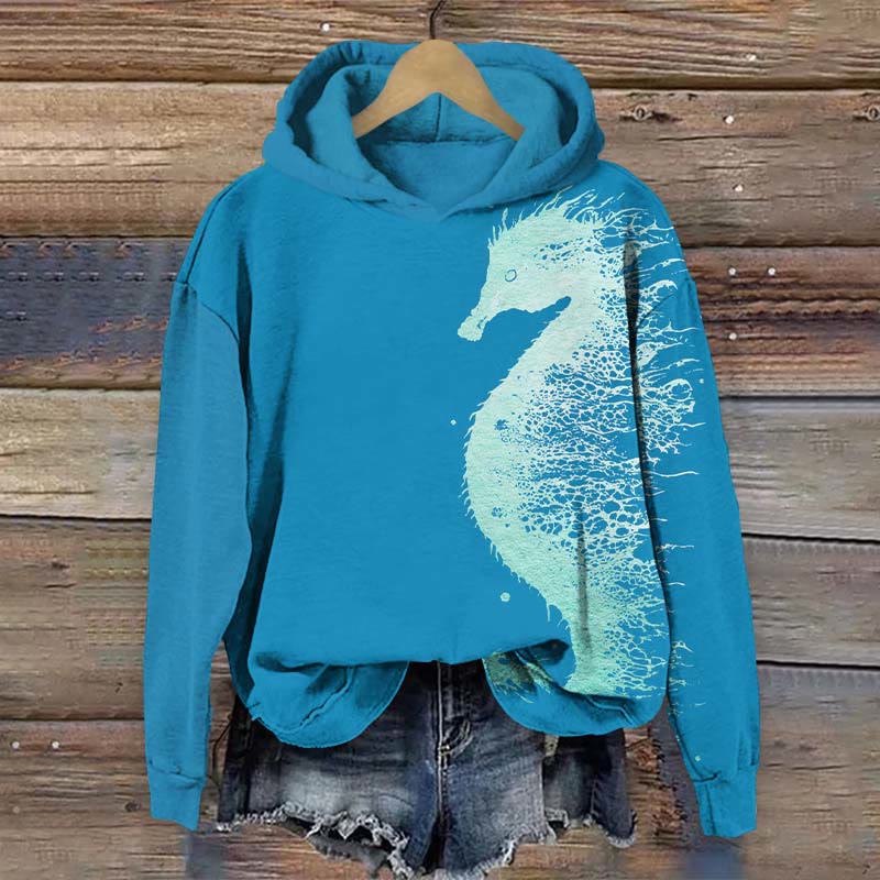 Vintage Abstract Watercolor Seahorse Print Long Sleeve Hoodie - Blue - US44-46(8XL) - image 1