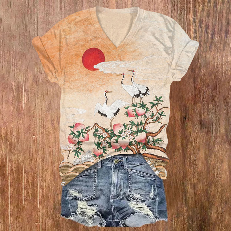 Red-crowned Crane And Peach Tree Sunset Art Print T-shirt - Apricot - US32-34(5XL) - image 1