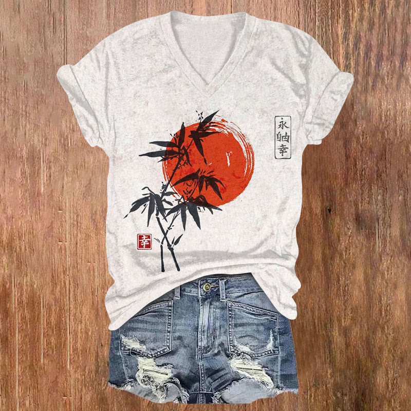  Vintage Japanese Style Ink Painting Bamboo And Red Sun Art Print T-shirt - White - US32-34(5XL) - image 1