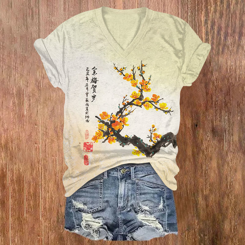 Vintage Japanese Plum Blossom Art Print T-shirt - Beige - US32-34(5XL) - image 1