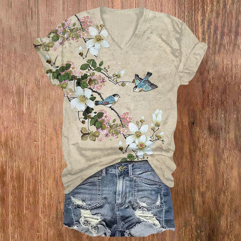 Japanese Style Flower And Bird Art Print T-shirt - Khaki - US32-34(5XL) - image 1