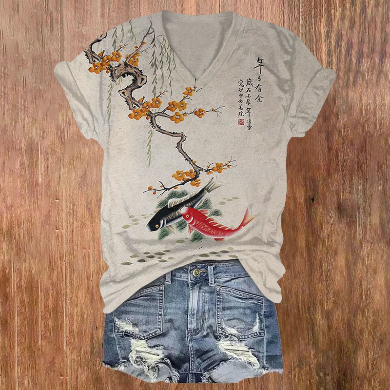 Japanese Vintage Plum Blossom And Koi Art Print T-shirt - Grey - US32-34(5XL) - image 1