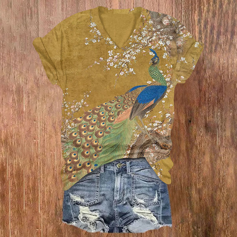 Japanese Vintage Floral And Peacock Art Print T-shirt - Yellow - US32-34(5XL) - image 1