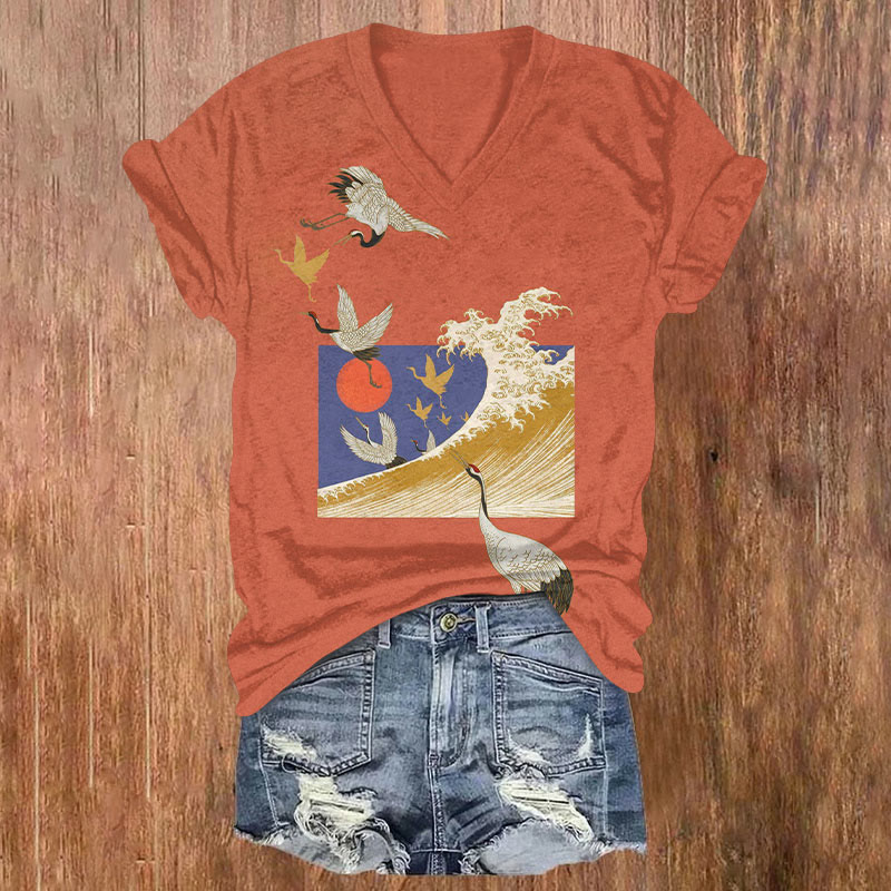  Japanese Retro Sea Waves And Cranes Art Print T-shirt - Caramel - US32-34(5XL) - image 1