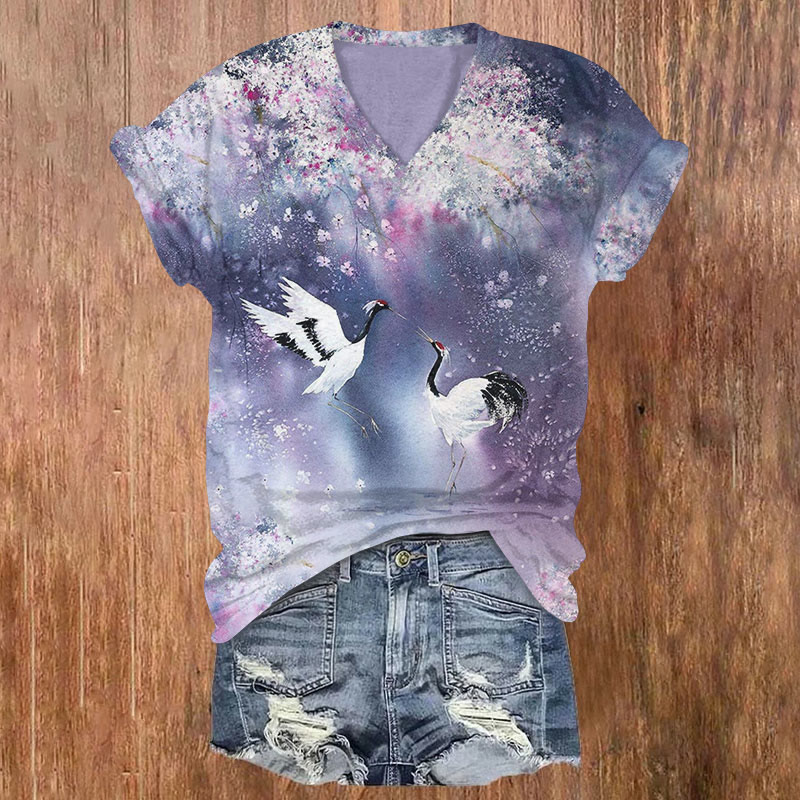 Flowers And Cranes Smudge Art Print T-shirt - Purple - US32-34(5XL) - image 1