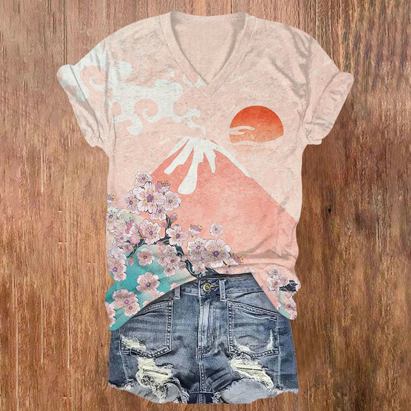 Japanese Style Cherry Blossom And Mount Fuji Sunset Art Print T-shirt - Pink - US32-34(5XL) - image 1
