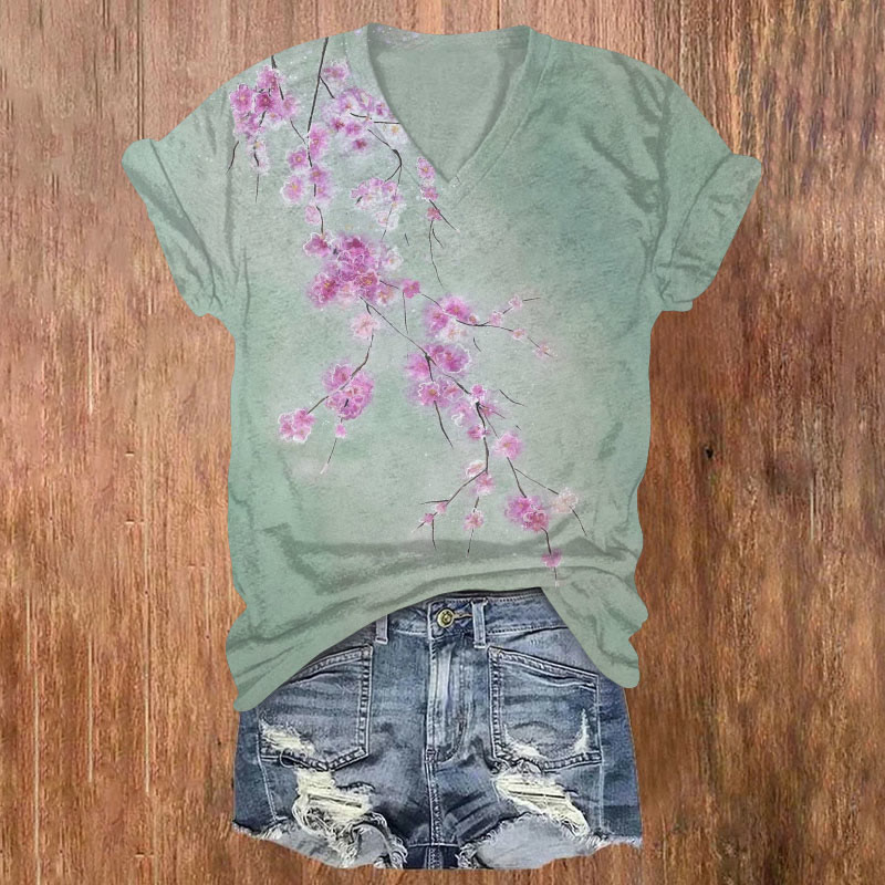 Japanese Elegant Cherry Blossom Gradient Art Print T-shirt - Green - US32-34(5XL) - image 1