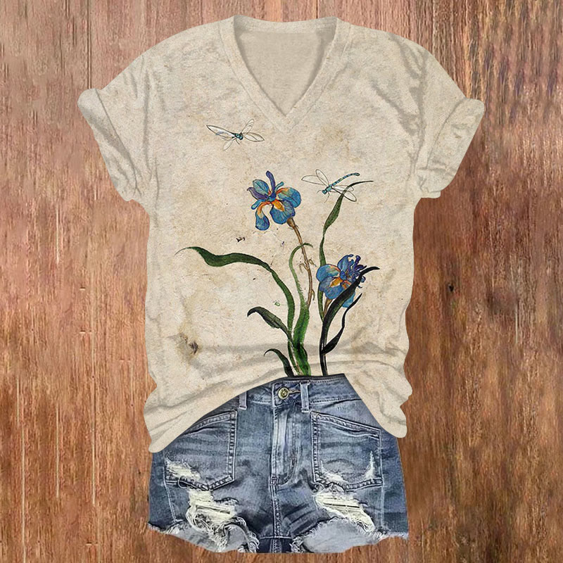 Retro Japanese Style Beautiful Flowers And Dragonflies Art Print T-shirt - Apricot - US32-34(5XL) - image 1