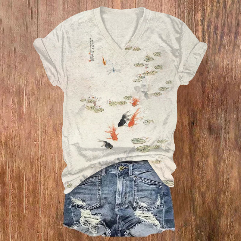 Vintage Japanese Water Lily And Goldfish Art Print T-shirt - Beige - US32-34(5XL) - image 1