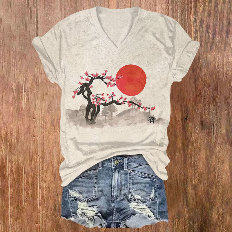 Retro Japanese Plum Blossoms And Sunset Art Print T-shirt - Beige - US32-34(5XL) - image 1