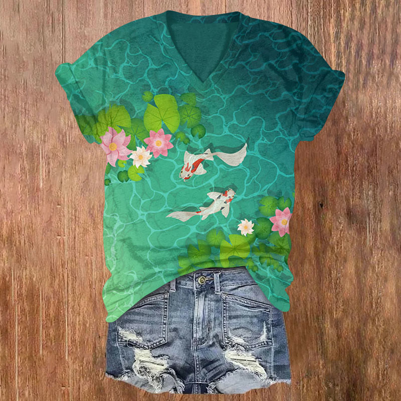 Koi And Lotus Gradient Art In Lotus Pond Print T-shirt - Green - US32-34(5XL) - image 1