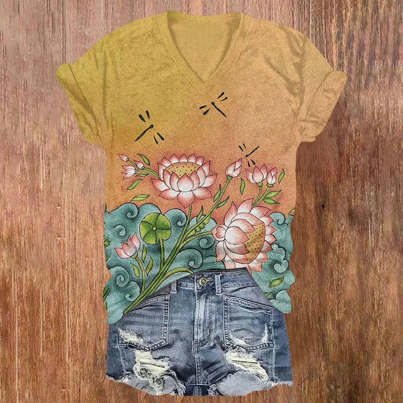 Retro Japanese Style Sea Waves Lotus And Dragonfly Art Print T-shirt - Yellow - US32-34(5XL) - image 1