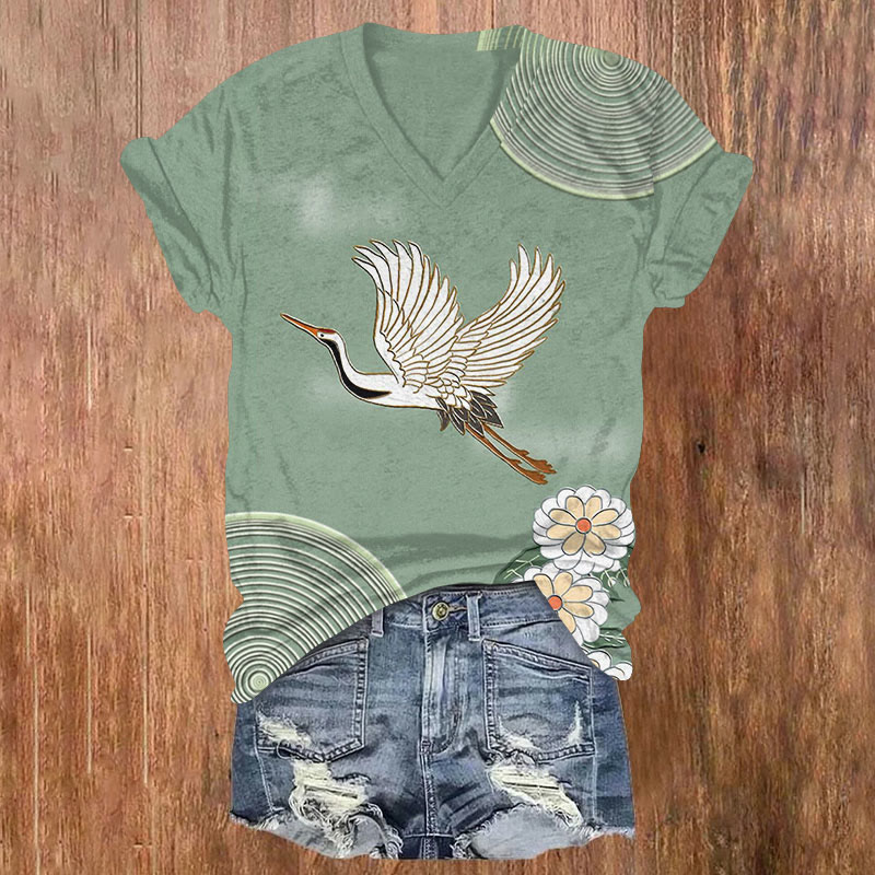Vintage Japanese Crane Art Print T-shirt - Mint - US32-34(5XL) - image 1