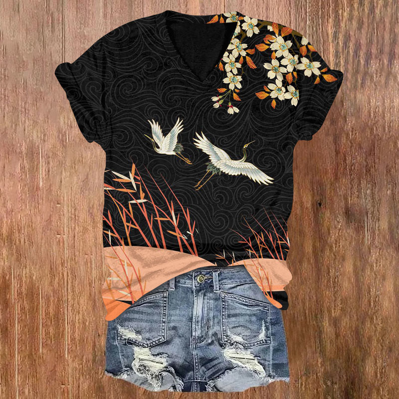 Vintage Japanese Style Crane And Flower Art Print T-shirt - Black - US32-34(5XL) - image 1