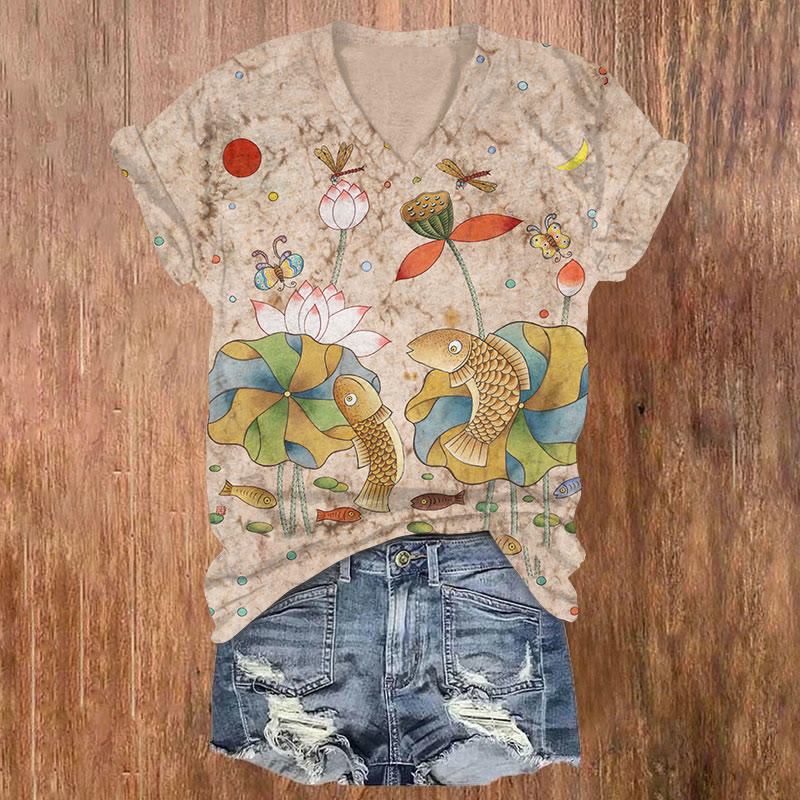 Vintage Lotus Koi Dragonfly Art Print T-shirt - Apricot - US32-34(5XL) - image 1