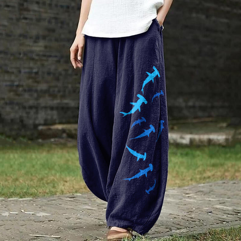 Minimalist Shark Art Print Casual Pants - Navy Blue - US18(5XL) - image 1