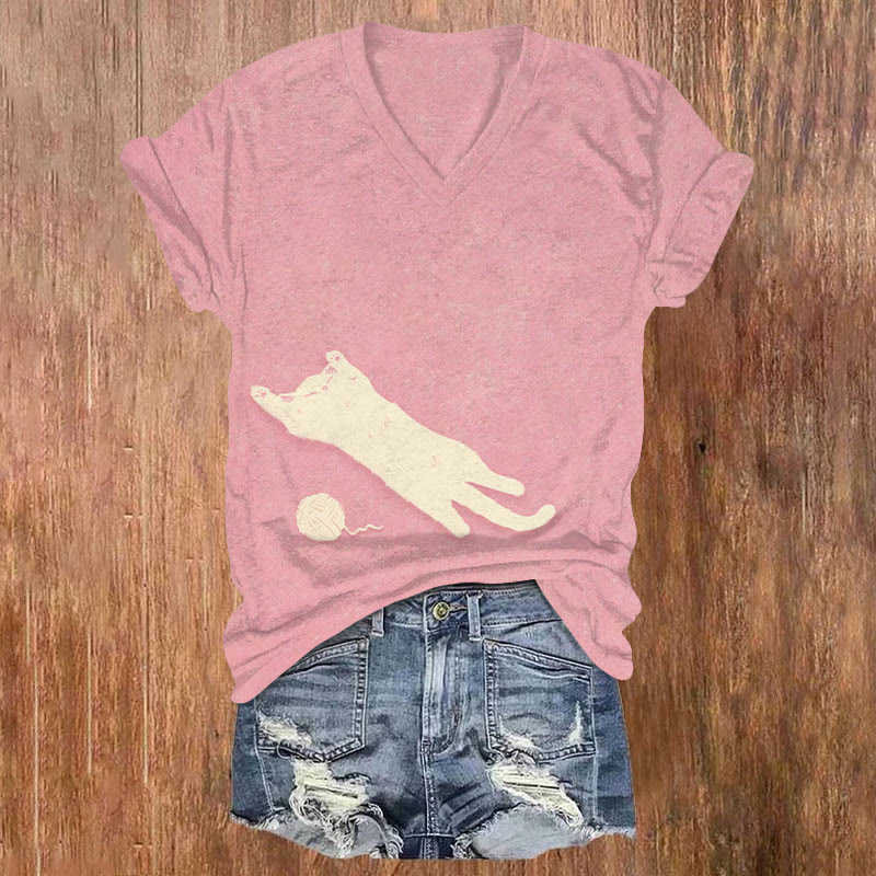 Women's Cat Playing With A Ball Art Print T-shirt - Pink - US32-34(5XL) - image 1