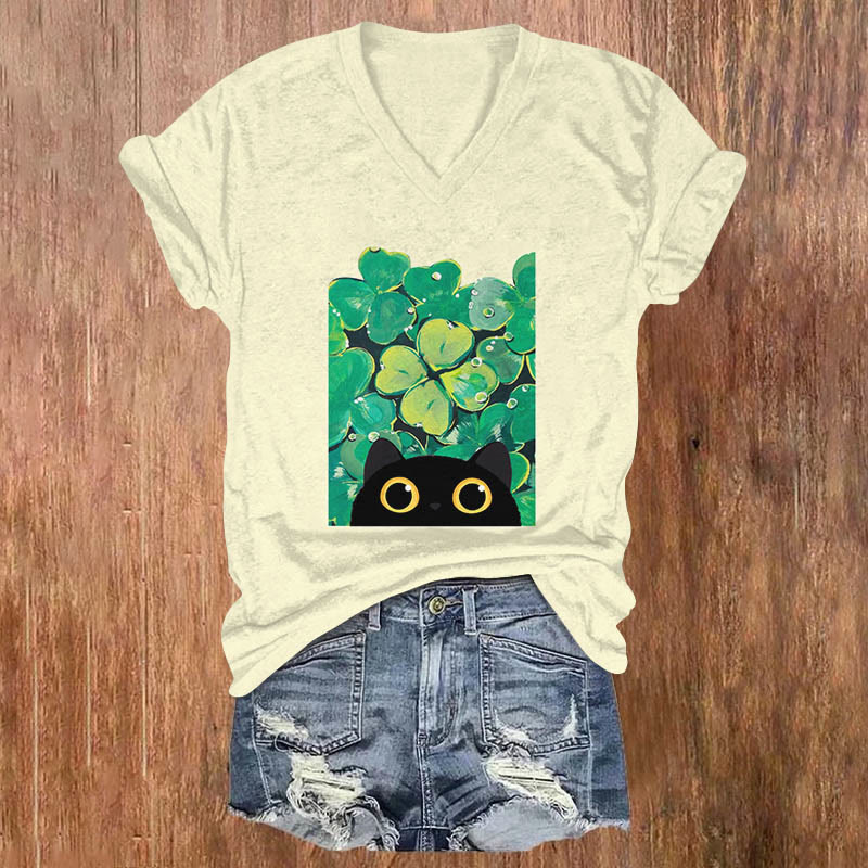Women's Saint Patrick's Day Lucky Clover Black Cat Print T-shirt - Beige - US32-34(5XL) - image 1