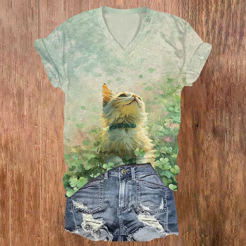 Women's Saint Patrick's Day Elegant Cat Print T-shirt - Green - US32-34(5XL) - image 1