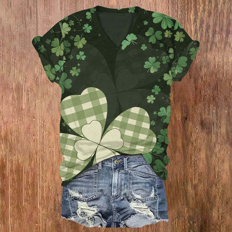 Women's Saint Patrick's Day Four Leaf Clover Print T-shirt - Dark Green - US32-34(5XL) - image 1