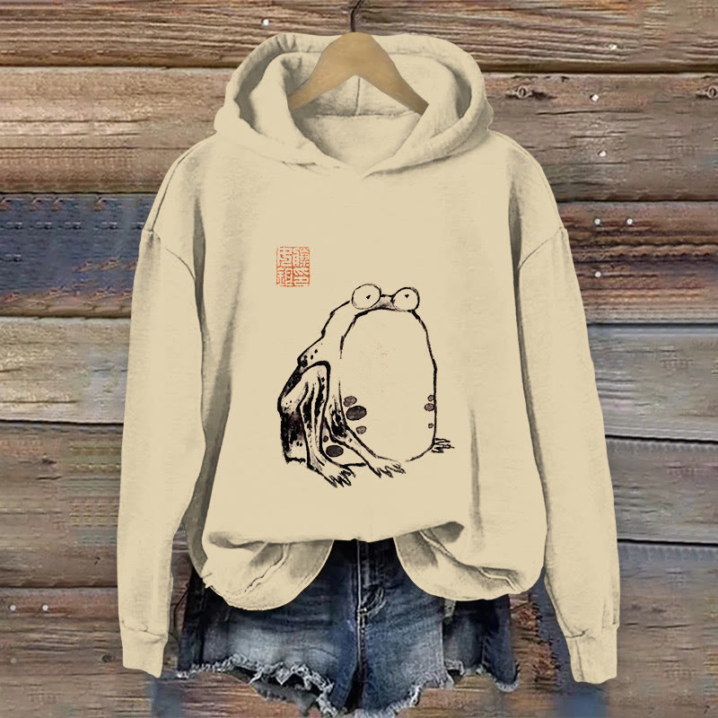 100% Cotton Women's Frog Ancient Japanese Art Print Hoodie - Apricot - US16-18(2XL) - image 1