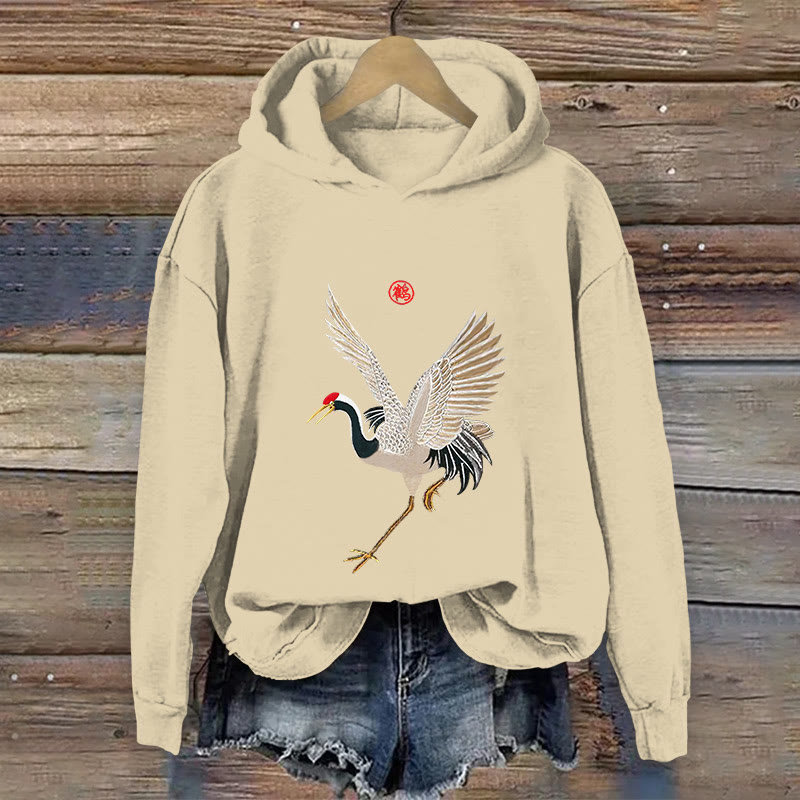 100% Cotton Japanese Crane Art Print Hoodie - Apricot - US16-18(2XL) - image 1