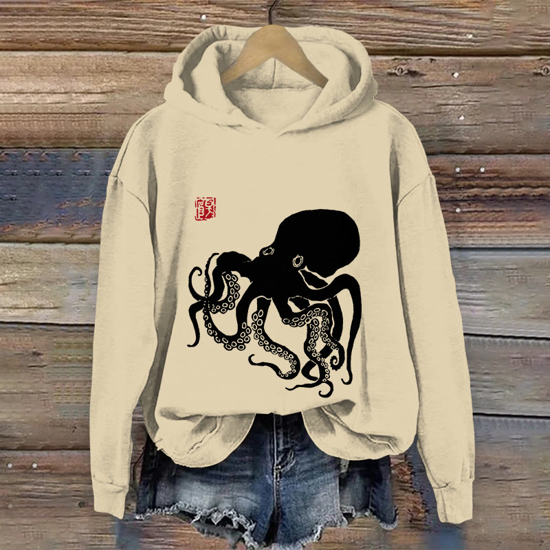 100% Cotton Octopus Japanese Lino Art Print Hoodie - Apricot - US16-18(2XL) - image 1